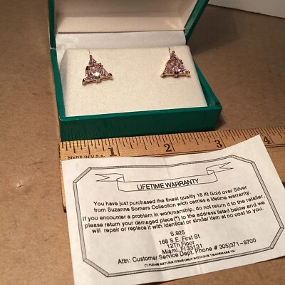 Pendientes Suzanne Somers Rosa Oro 18K Sobre Plata/Corte Triángulo 4 Gramos con Certificado Foto 1 de 4