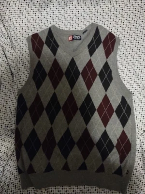 Chaps 男式大号无袖灰色高尔夫背心红色/黑色钻石图案二手状况完好 — 第 1/4 张图片
