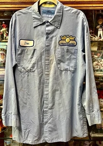 CAMISA DE TRABAJO UNIFORME AZUL XL VINTAGE con PARCHE DE CORONA FRIGIDAIRE F PARCHES CON NOMBRE DE DON - Imagen 1 de 5