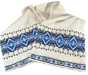 Christmas Embroidered Table Runner FRONTGATE 72"x14" Linen Blue White NEW w/Tag - Picture 1 of 13