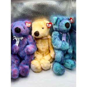 Ty Beanies lotto di 3 peluche orsetti viola giallo blu fiocco nastro da collezione nuovi - Foto 1 di 2