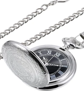 Quartz Pocket Watch for Men with Black Dial and Chain (Silver) - Picture 1 of 7