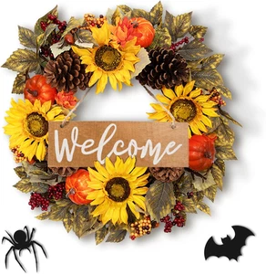 20 Inch Fall Wreath, Artificial Fall Wreaths for Front Door with Welcome Wooden - Picture 1 of 12