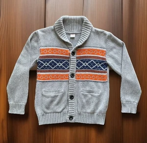 GYMBOREE Knitted Gray Orange Fair Isle Shawl Neck Button Up Cardigan YOUTH Sz M - Picture 1 of 10