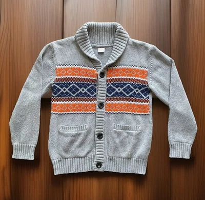 GYMBOREE Knitted Gray Orange Fair Isle Shawl Neck Button Up Cardigan YOUTH Sz M - Image 1 of 4