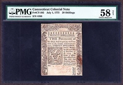 US 20s Connecticut Colonial Currency 07/01/1775 FR CT192  PMG 58 Ch AU Net(-188) - Image 1 of 2
