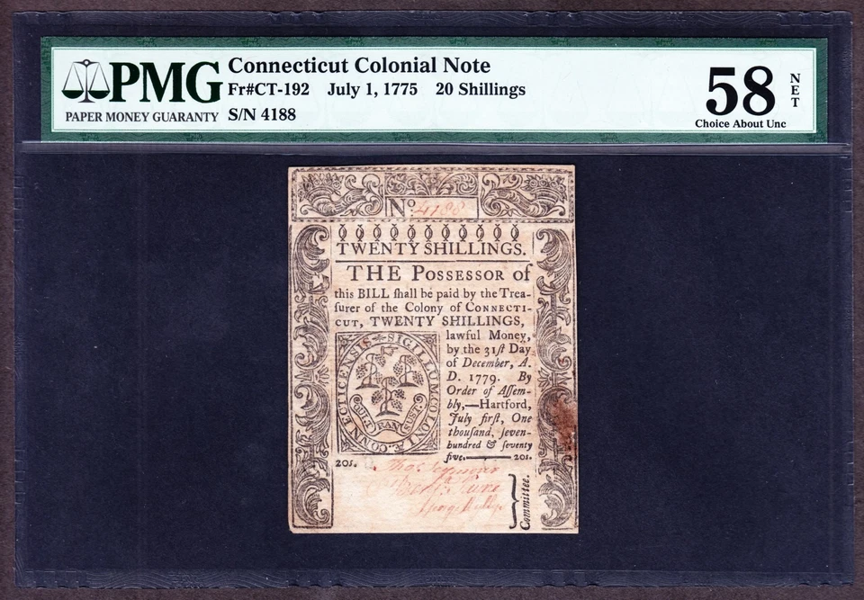 US 20s Connecticut Colonial Currency 07/01/1775 FR CT192  PMG 58 Ch AU Net(-188) - Image 1 of 2