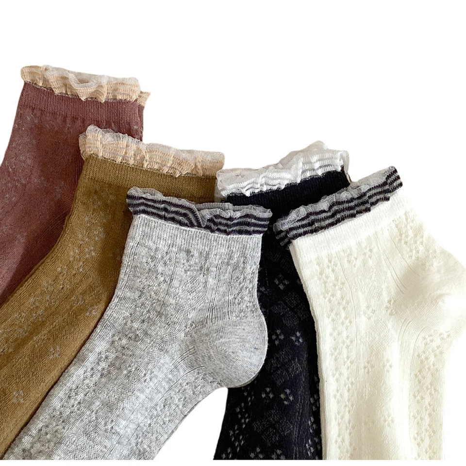 5 Pairs Women Lace Edged Mesh Socks Low Tube Summer Checked Hollow Cotton Socks - Image 1 of 4