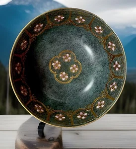 TOYO ASIAN CLOISONNÉ FLORAL GREEN & GOLD DOGWOOD ENANAL BOWL  SZ 8 1/2" - Picture 1 of 13