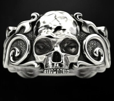 Anillo en relieve de oro 925 con patrones de calaveras de 9,7 g para hombre PLATA ESTERLINA SÓLIDA Foto 1 de 4