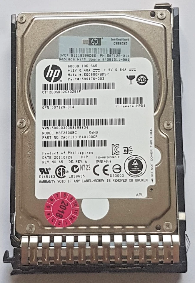 600 GB SAS HP EG0600FBDSR 10000 RPM 16MB HDD 2.5" Disco Rigido Interno + Caddy - Immagine 1 di 1