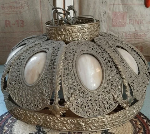 Antique Hanging Chandelier Light Fixture Gilded Gold Filigree RARE GORGEOUS FIND Cover