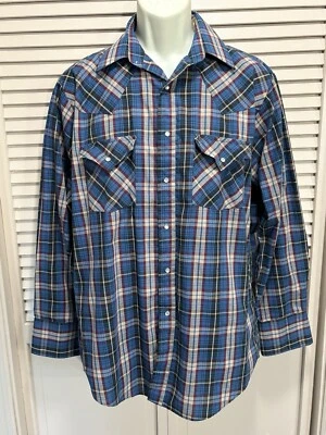 Camisa ELY Plains Azul/Rojo/Gris A Cuadros Manga Larga Perla a Presión Talla Mediana Foto 1 de 4