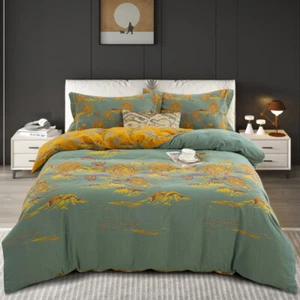 Bedding Set 4pcs 100% Cotton Gauze Jacquard Duvet Cover Flat Sheet 2 Pillowcases - Picture 1 of 9