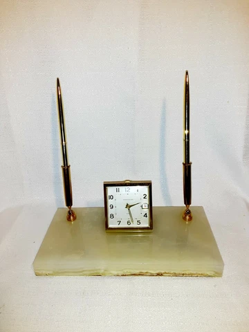 Vintage Gold Desk Pen Phinney Walker Semca Alarm CLOCK German Set Marble Base Cover