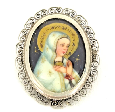 Antico Pendente/ spilla con miniatura dipinta a mano e firmata - Argento 800 - Immagine 1 di 4