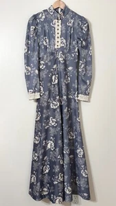 Vintage 70s Prairie Blue Floral Maxi Dress 26" W Lace Trim Cottagecore High Neck - Picture 1 of 12