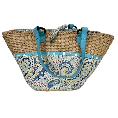 Bolso de Playa Vera Bradley Paja Azul Capri Paisley Tejido Cesta Grande RETIRADO Foto 1 de 4