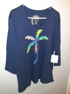 Sun Bay Womens Sunny Day Tech Top 2X Navy Blue Palm Tree UPF 30 3/4 Sleeve NWT - Picture 1 of 10