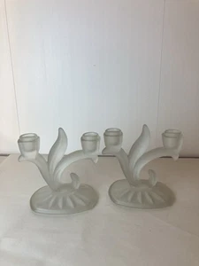 Vintage Double Light candle stick holders frosted Indiana glass set of 2 - Picture 1 of 11