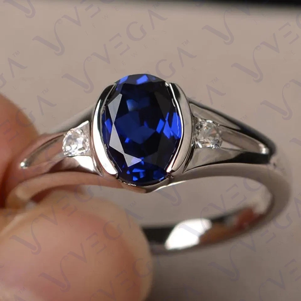 3.20Crt Oval Cut Natural Sapphire Diamond Three Stone Ring 950PT Platinum Plated - Image 1 of 4