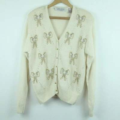 Vintage Women's Large Cardigan Beaded Bow Angora Silk Princess Luxury Preppy 90s - Image 1 of 4
