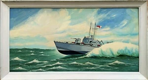 A British Naval Gunboat At Full Speed - Vintage Antique Seascape Oil Painting - Picture 1 of 11