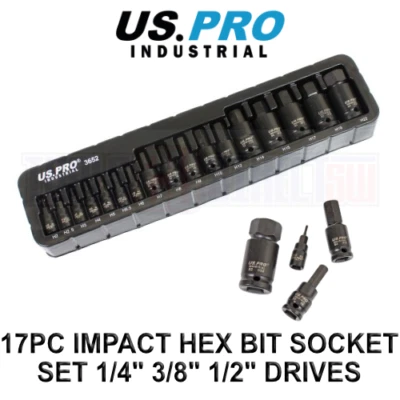 US PRO INDUSTRIAL 17PC Impact Hex Bit Socket Set - 1/4" 3/8" 1/2" Drives 2-22mm - Image 1 of 4