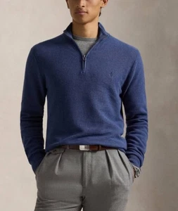 $138 Polo Ralph Lauren Men’s Mesh-Knit Cotton Quarter-Zip Sweater Navy Size M - Picture 1 of 6