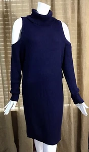 KENSIE Women’s Long Sleeve Cold Shoulder Sweater Dress Turtle Neck Blue Large T2 - Picture 1 of 5