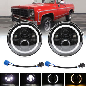 Pair For Chevy K10 K20 K30 7" Inch Round LED Headlight Projector Halo Angle Eyes