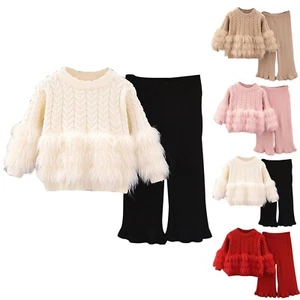 Kids Girls 2pcs Long Sleeve Knit Pullover Sweater Tops Flared Pants Outfits Set - Picture 1 of 33
