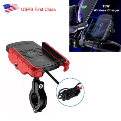 Red Motorcycle Cell Phone Handlebar Holder Wireless USB Charger for Smartphone - Image 1 of 4