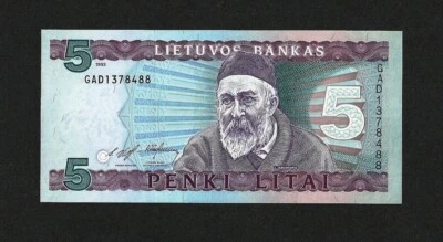LITHUANIA 5 LITAI 1993 P-55a CRISPY UNC - Image 1 of 2