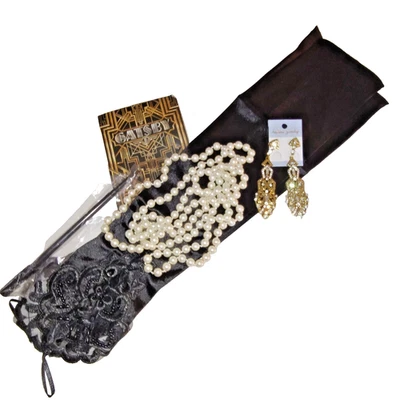 Gran Gatsby Flapper años 20 conjunto de bisutería guantes perlas pendientes disfraces Foto 1 de 4