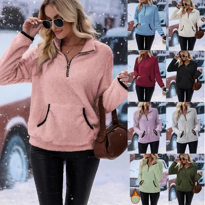 Damen Fleece Sweatshirt Teddy Sweatjacke Plüsch Zip Pullover Winter Warm Top - Bild 1 von 4