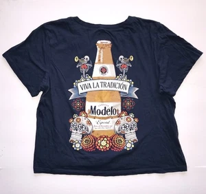 MODELO Crop Top Women’s XL Navy Dia De Los Muertos T-Shirt Skull Roses Graphic T - Picture 1 of 12