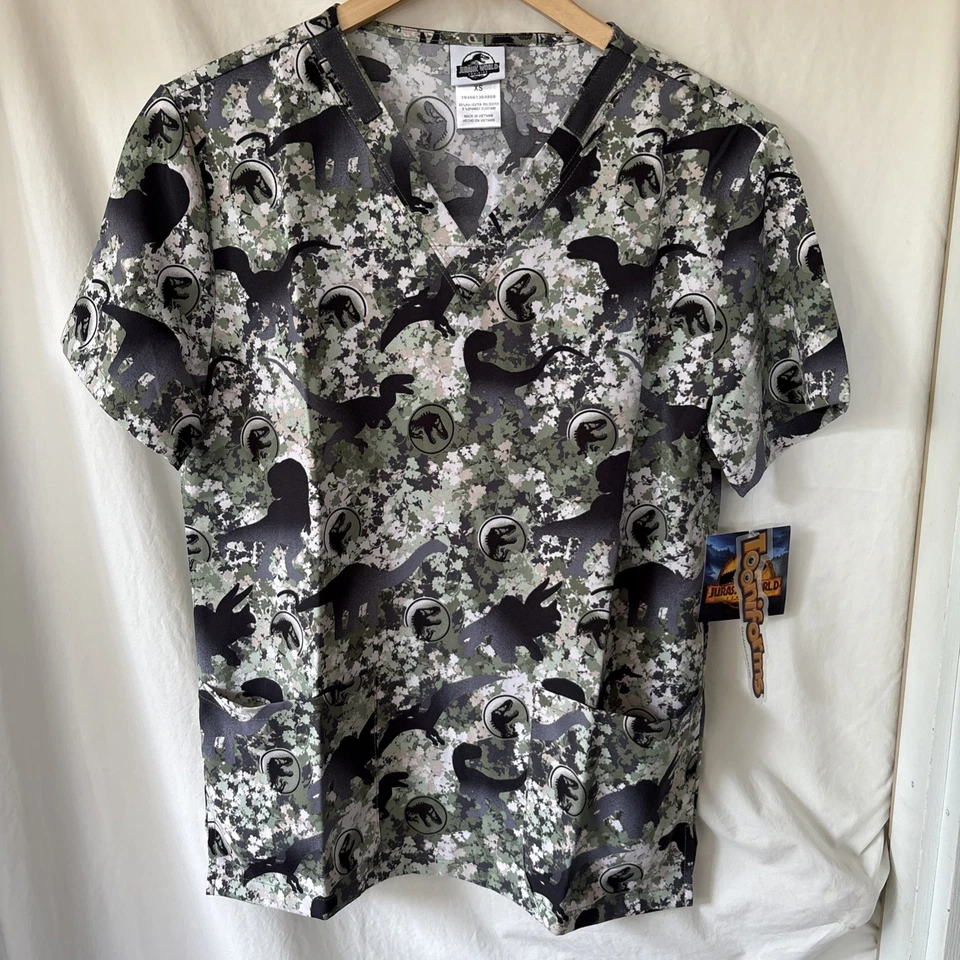 Jurassic World Scrub Top Unisex Sz.XS Dominion T-Rex Dinosaur Camo - Image 1 of 4