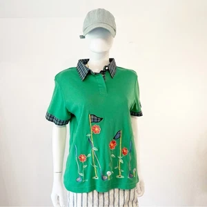 VINTAGE NWT Karen Scott Green Cotton Golf Embroidered Flag Flower Plaid Polo L - Picture 1 of 12