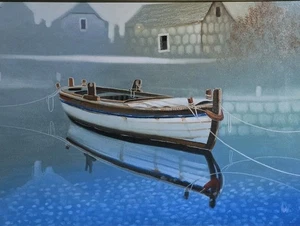 Signed Branko Modic Large Croatian Boat in Foggy Harbor Art Painting Croatia II - Picture 1 of 10