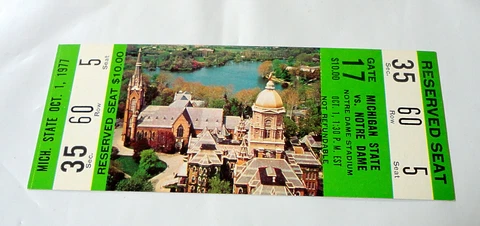 NOTRE DAME vs MICHIGAN ST 1977 COMPLETE TICKET JOE MONTANA/NATIONAL CHAMPIONS Cover