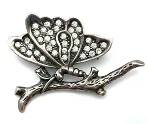 Oxidized Sterling Silver 925 CZ Cluster Butterfly Branch Pin Brooch - Picture 1 of 7