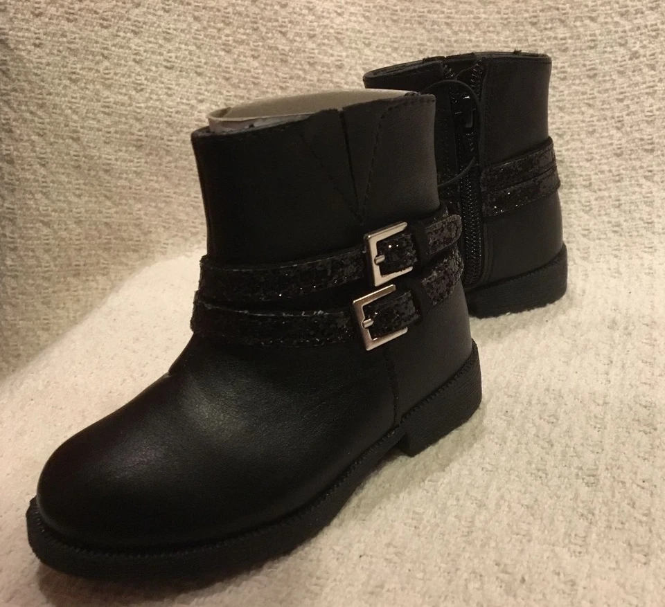 NWOT OKIE DOKIE Toddler Girls Black Boots Napa Glitter Straps & Buckles Size 5 - Image 1 of 4
