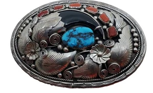 VTG Turquoise Coral Onyx Sterling A. Edsitty Sign 99.95g Navajo Belt Buckle J3 - Picture 1 of 12
