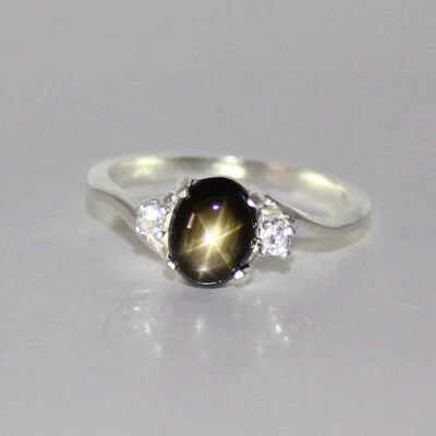 Genuine Black Star Sapphire and Diamonds Ring Sterling Silver 925 / Oval-Shaped - Image 1 of 4