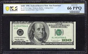 🇺🇸 1996 $100 ERROR  ♚♚CUTTING ERROR♚♚  PCGS GEM UNC 66 PPQ - Picture 1 of 2