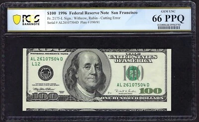 🇺🇸 1996 $100 ERROR  ♚♚CUTTING ERROR♚♚  PCGS GEM UNC 66 PPQ - Image 1 of 2