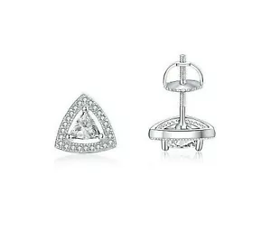 Pendientes de tachuelas de halo corte trillón con acabado en oro blanco de 14 K pendientes de diamantes simulados - Imagen 1 de 7
