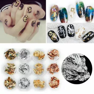 12 Stück Nail Art Gold Silber Metall Folie Papier 3D Sticker Flocke Aufkleber Deko - Bild 1 von 3
