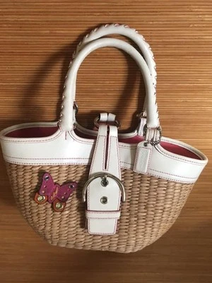 Bolso de Mano COACH Blanco Rosa Mariposa Paja Cuero Tejido Cesta Bolso Verano MBb1137 Foto 1 de 4
